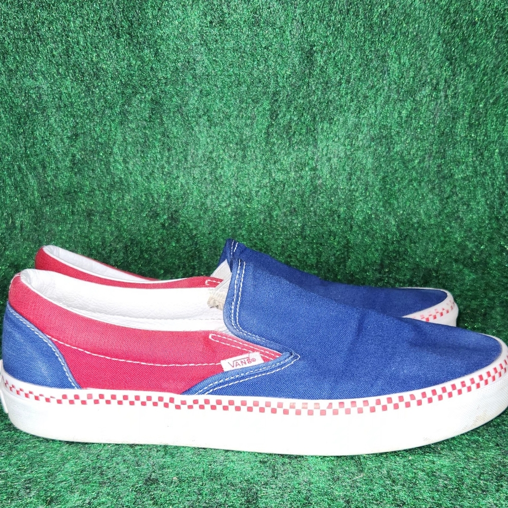 Vans Estate Blue Racing Red Check Foxing Classic Slip On Men's 8.5